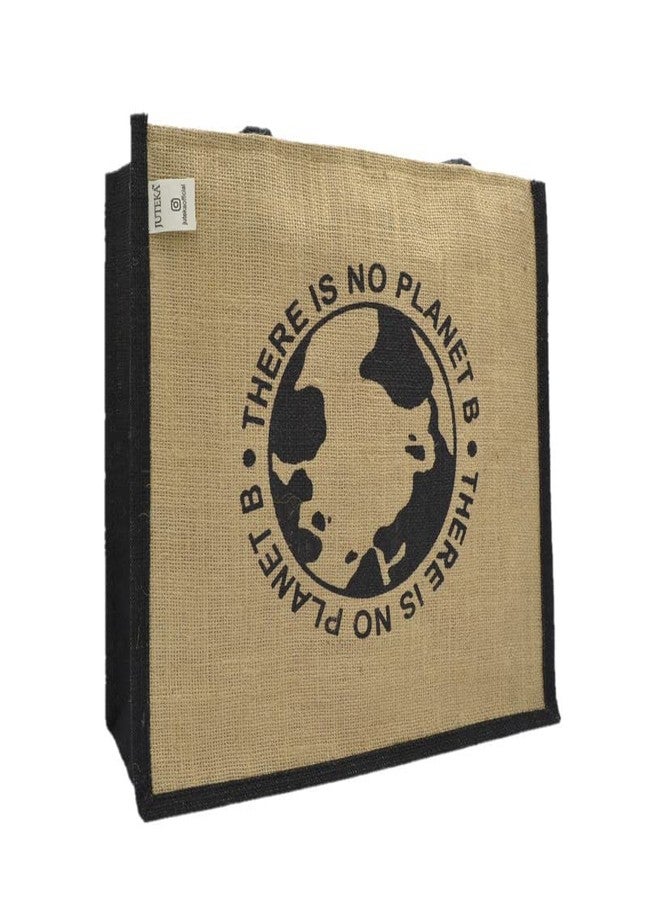 JUTEKA Black and Natural printed Jute Bag for Lunch, Office, Grocery, Picnic, Tiffin, Shopping Hand Bag with padded cotton handles - Image 1